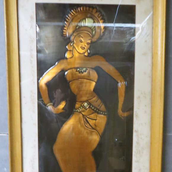 Vintage Copper Relief Framed & Matted Wall Art - Hindu / African 19 x 11"